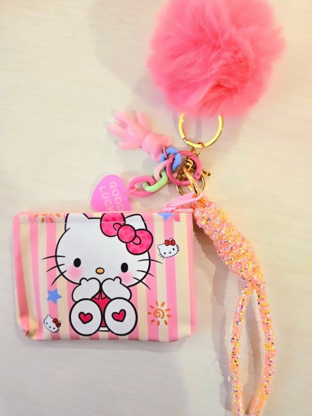 Kitty Pink Striped Coin Pouch with Pom Pom Keychain Charm Bunch